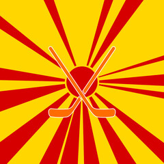 Hockey symbol on a background of red flash explosion radial lines. The large orange symbol is located in the center of the sun, symbolizing the sunrise. Vector illustration on yellow background