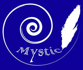 
word mystic, feather and spiral on purple background