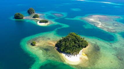 Aerial view of Tropical island with sand beach, palm trees by atoll with coral reef. Britania Islands, Surigao del Sur, Philippines.