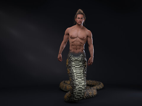 3D Render : A human-snake hybrid male creature, half snake half human