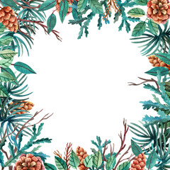 Frame made of hand drawn leaves, needles, brunches and cones. Fresh summer forest  template for invitations, cards and banners