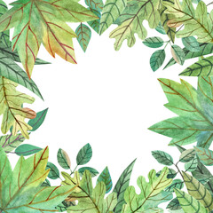 Green summer frame made of hand drawn forest leaves. Nice template for design of invitations, cards, banners, social media posts.