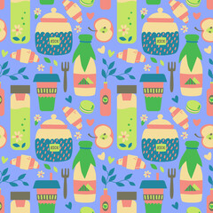 Vector seamless pattern with cups and bottles on purple background. Zero-waste and organic lifestyle