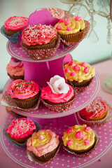 Cupcake display stand in pink with tasty cupcakes.