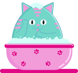 Cute cartoon cat washes in a basin