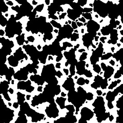 Cow skin texture, black and white spot repeated seamless pattern. Animal print dalmatian dog stains. Vector