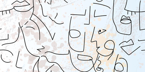 One line drawing. Abstract face seamless pattern.