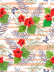 Foto op Canvas Tropical pattern with hibiscus, palm leaves. Summer vector background for fabric, cover, print design, wallpaper. © Logunova  Elena