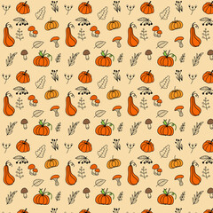 Vector colorful autumn natural pattern with fall leaves and mushrooms. Fall endless background.Abstract banner print with leaves. Elegant beautiful nature ornament for fabric, wrapping and textile.