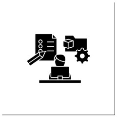 Project management glyph icon.Manage all works on laptop. Planning, controlling and closing projects. Talent management concept.Filled flat sign. Isolated silhouette vector illustration