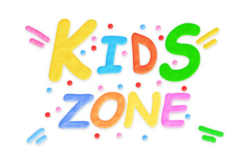 The inscription made of plasticine "kids zone" on a white background. Plasticine text.
