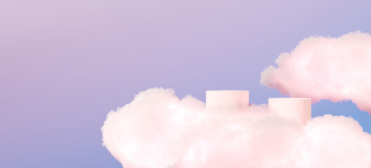 Minimal abstract background for product presentation. Pink cloud and podium on blue sky. 3d render illustration. Clipping path of each element included.