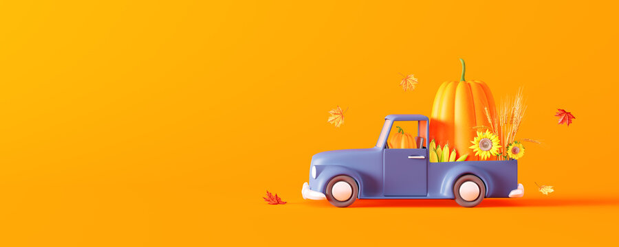 Blue car carrying big pumpkin with sunflowers and corn. Autumn is coming concept with orange background 3D Render 3D illustration