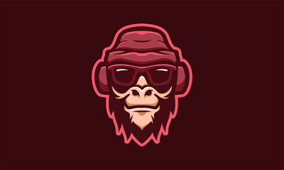 Monkey head template logo vector with glass and hat