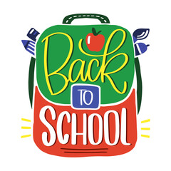 Back to school lettering with colourful backpack clipart for kids, elementary school students.
