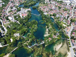 Aerial drone view Bihac and Una river in Bosnia and Herzegovina. Buildings, streets and residential...