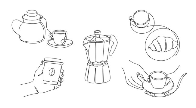 One line coffee. Continuous line teapot with cup of tea, monoline coffee gear and hands holding cups of espresso. Vector isolates morning drink set