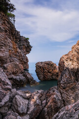 Sea beach in Beldibi and the rocks. Turkey, Kemer region, may 2021. Long exposure picture