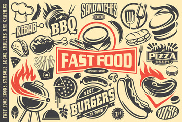 Fast food logos and emblems. Burger, pizza,hot dog, steak, grill, french fries, sandwich logo elements, symbols and vector icons. - obrazy, fototapety, plakaty