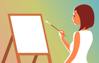 Beautiful young woman draws behind an easel. Art brush in hand. The concept of a useful creative activity. Vector cartoon illustration