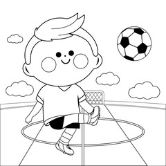 Little boy playing soccer. Vector black and white coloring page.