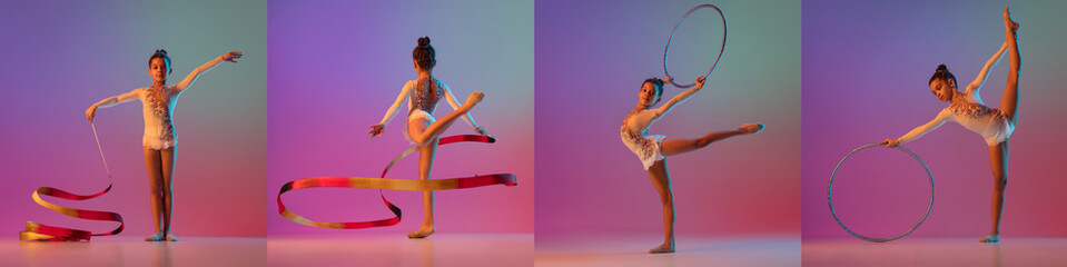 Vibrant. Young female athlete, rhythmic gymnastics artist dancing, training with tape isolated on...