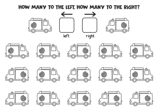 Left or right with black and white fire engine. Logical worksheet for preschoolers.