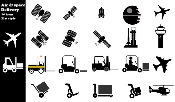 Transport a&eacute;rien, spatial et livraison en 20 ic&ocirc;nes, collection	