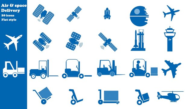 Transport a&eacute;rien, spatial et livraison en 20 ic&ocirc;nes bleus, collection	