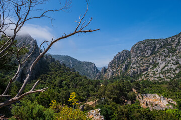 Top view from ancient city of Olympos in May 2021. Cirali, Kemer, Turkey