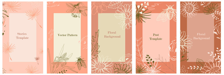 Set of templates for social network stories. Vertical background with space for text. Texture in delicate beige tone, spring theme - flowers, cicadas, abstract forms. Summer floral story. Vector frame
