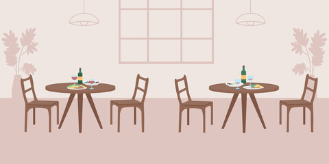 Empty cafe flat color vector illustration. Two tables with dinner for couples. Lunch for friends. Public space for pastime. Restaurant 2D cartoon interior with cafeteria decor on background