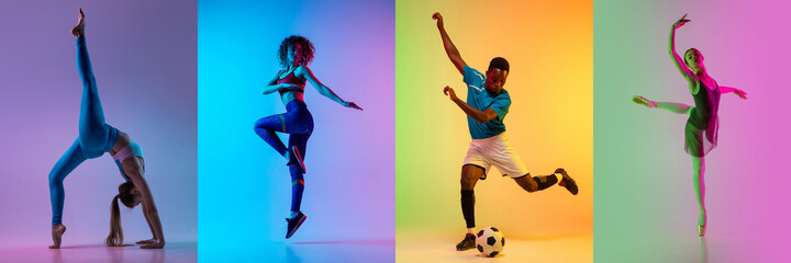 Plakat Collage of different professional sportsmen, fit people in action and motion isolated on color background. Flyer.