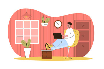 Freelance work web character concept. Freelancer works on laptop sitting on chair. Remote worker working at home office isolated scene with persons. Vector illustration with people in flat design