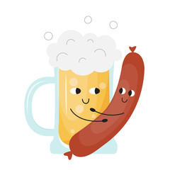 Cute and funny pint of beer hugging a sausage. Alcohol concept in flat style. Cartoon mag of foam and a snack vector illustration