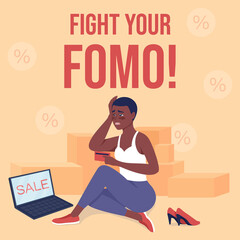 Shopaholism social media post mockup. Fight your fomo phrase. Web banner design template. Obsessive shopping booster, content layout with inscription. Poster, print ads and flat illustration