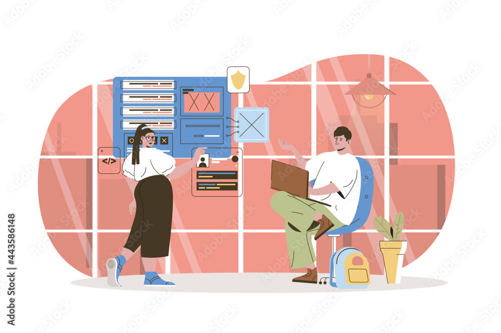 Leinwandbilder Programming software web character concept. Development team creates programs, testing security, optimization settings isolated scene with persons. Vector illustration with people in flat design
