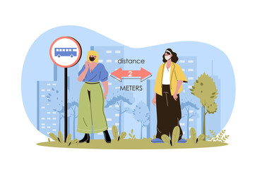 Social distance web character concept. Women in medical masks keep distance standing at bus station, coronavirus prevention isolated scene with persons. Vector illustration with people in flat design