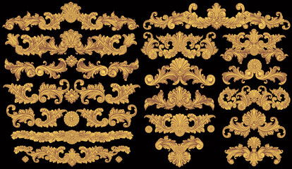 Vintage decorative ornamental gold elements. Design set. Editable hand drawn illustration. Vector engraving. Isolated on black background. 8 EPS - 443586338