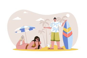 Summer time web character concept. Woman in swimsuit sunbathing on beach, man is going to surf. Couple rest on vacation isolated scene with persons. Vector illustration with people in flat design