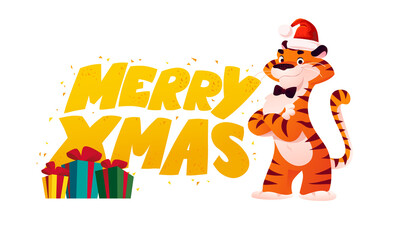 Vector flat cartoon illustration of Merry Christmas text congratulation, mascot tiger funny character in Santa hat and gift boxes isolated. For banners, web, packaging, ads, cards etc.