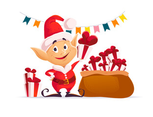 Vector cartoon illustration with funny santa elf character and pile of gift boxes isolated. Flat Christmas illustration. For banners, sales, party decor, cards, packaging etc.