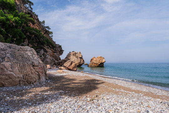 Sea beach in Beldibi and the rocks. Turkey, Kemer region, may 2021