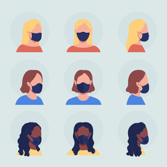 Different women in mask semi flat color vector character avatar set. Portrait with respirator from front and side view. Isolated modern cartoon style illustration for graphic design and animation pack