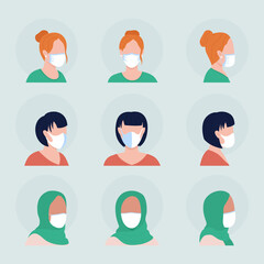 Women with white masks semi flat color vector character avatar set. Portrait with respirator from front and side view. Isolated modern cartoon style illustration for graphic design and animation pack