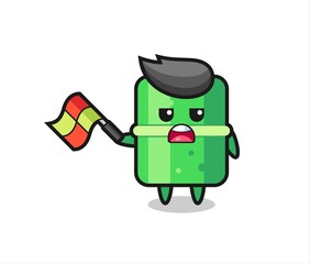 bamboo cartoon as the line judge hold the flag up at a 45 degree angle