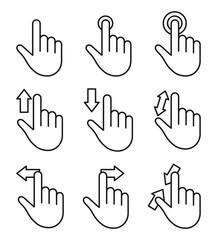 Line art black and white hand movement icons for mobile