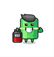 the muscular bamboo character is holding a protein supplement