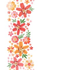 Floral embroidery border with lily and other flowers on white background. Beautiful card design.