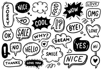Vector set of speech bubbles with text. Frames with ok, good, wow, and other words. Hand-drawn, doodle elements isolated on white background. - obrazy, fototapety, plakaty
